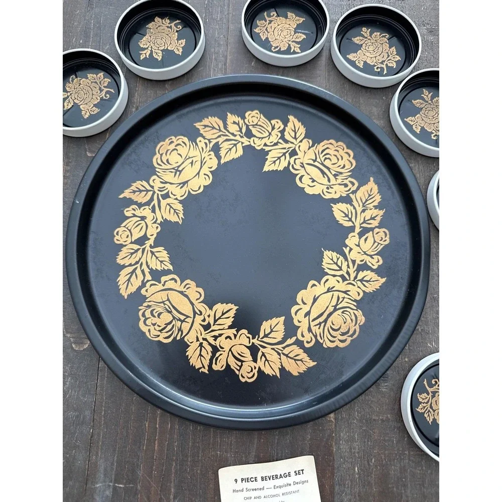 Vintage Toleware 9 Piece MCM Beverage Set Tray & Coasters Black and Gold Rose US